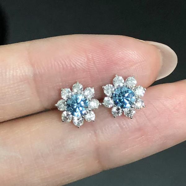 lab diamond blue sunflower stud earrings