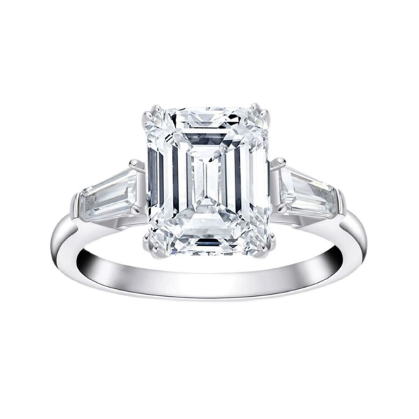 lab grown white diamond emerald  shape three life stones ring for gift